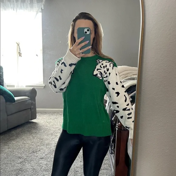 Green Sweater with Leopard Sleeves - Picture 2 of 2
